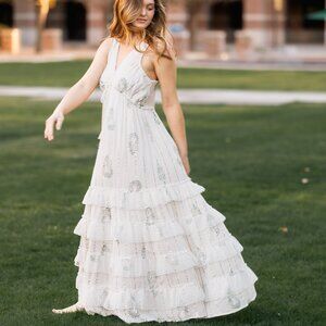 White Paisley Maxi Dress Ruffle Tiered V Neck Bohemian Beach Wedding Guest Large